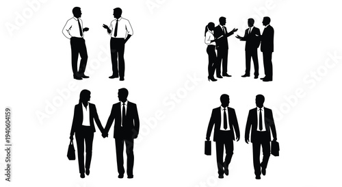 A collection of black silhouettes depicting business professionals interacting walking and conversing in various settings high quality professional detailed
