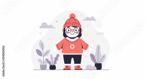 A cartoon figure in an orange beanie and sweater stands amongst plants and clouds