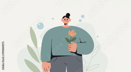 A stylized person with dark hair in a bun holds an orange flower and stands amongst soft, abstract shapes and plants