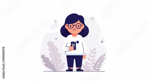 A cartoon woman with dark hair and glasses holds a camera and poses