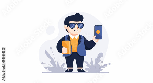 A stylized person with sunglasses and a suit holds a book and a phone
