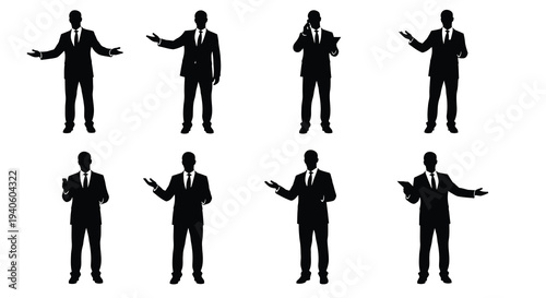 A collection of eight silhouette images depicts a businessman in various gesturing poses presenting a dynamic business concept
