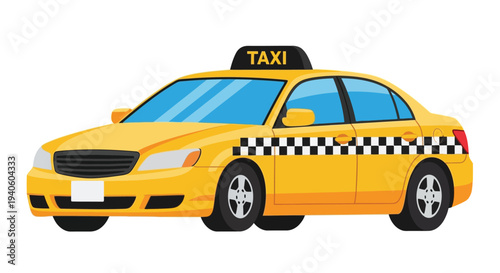 Vibrant yellow taxi cab with checkered stripe driving through city streets