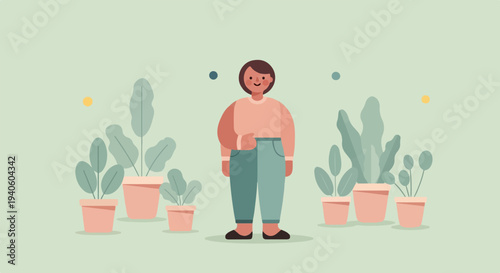A person stands among potted plants on a pale green background with decorative dots