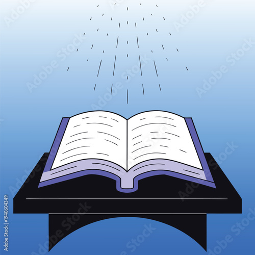Open Book Emitting Light Rays on Table Blue Gradient Background Stock Illustration