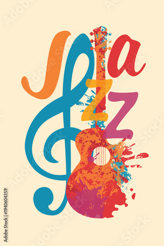Vector logo, or banner for a jazz music with guitar, treble clef and colored splash and spots. Suitable for flyer, invitation, poster, cover, icon, music school, advertising, festival. No ai