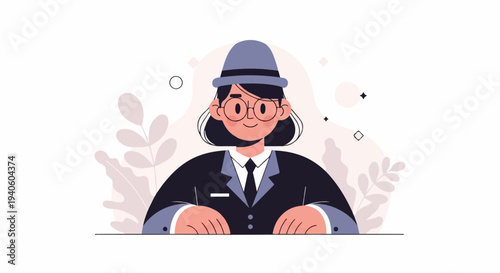 A stylized person in a suit and hat, with round glasses, smiles