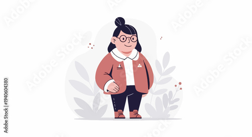 Chubby cartoon woman in pink jacket and glasses