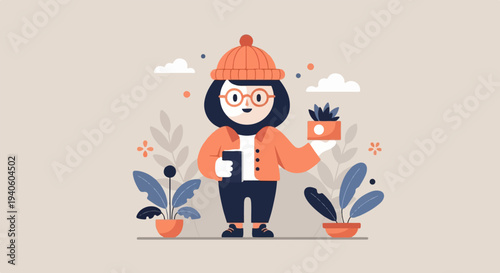 A person in a hat and glasses holds a book and a potted plant