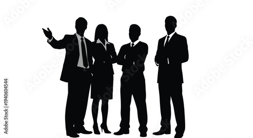 A silhouetted group of four business professionals stands together suggesting teamwork and corporate leadership in a modern context