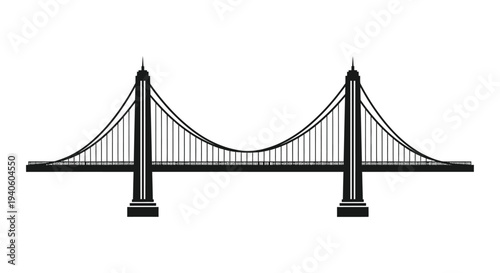 A minimalist black and white illustration depicts a suspension bridge with prominent towers and cables showcasing structural engineering
