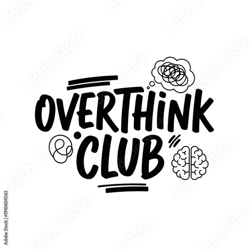 Overthink Club Text Design with Brain Illustration.