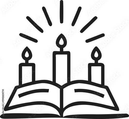 Three lit candles on open book icon spiritual enlightenment knowledge and light concept line art