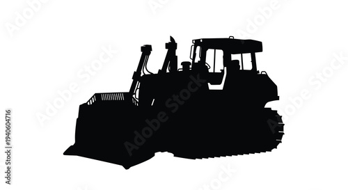 A striking silhouette depicts a powerful bulldozer showcasing its robust construction and heavy machinery capabilities against a white backdrop