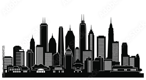A striking black and white silhouette depicts a dense urban skyline of skyscrapers and prominent buildings showcasing a metropolitan cityscape