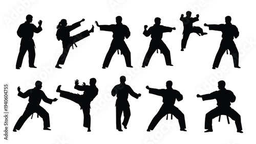 A set of silhouettes of a person performing various martial arts poses