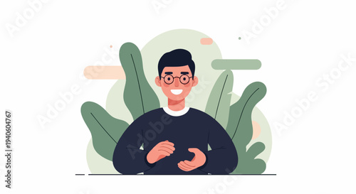 Smiling man with glasses and dark sweater, framed by abstract leaves and shapes