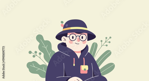 Cheerful person with glasses and hat sits amidst lush greenery