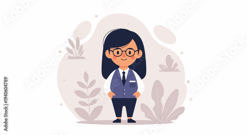Stylized, cartoonish businesswoman with glasses and a vest, surrounded by soft-toned abstract shapes and plant-like elements