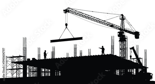 A stark silhouette depicts a construction site with a towering crane workers and the framework of a building under development