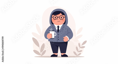 A cartoon character in a suit and hood, holding a mug of coffee, surrounded by plants