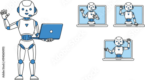 Friendly AI robot assistant holding laptop with chatbot appearing on multiple computer screens virtual support technology illustration isolated on white background