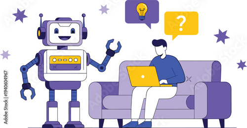 AI chatbot assistant helping person with laptop on sofa artificial intelligence support concept with robot, questions, and ideas illustration