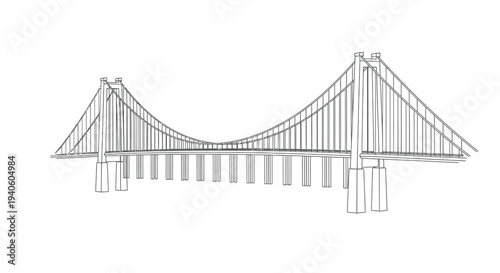 A minimalist line drawing depicts the golden gate bridge showcasing its iconic suspension structure in a stark graphic style