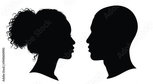 A striking silhouette depicts a man and woman facing each other showcasing diverse hairstyles and profiles in a minimalist design