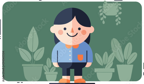 A simple illustration of a person standing amongst potted plants