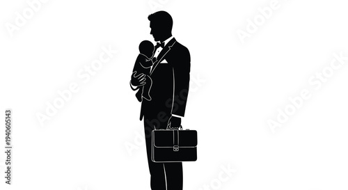 A silhouetted image depicts a formally dressed man tenderly holding a baby while carrying a briefcase high quality professional