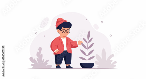 Cartoon boy in a hat, glasses, and jacket tending a potted plant