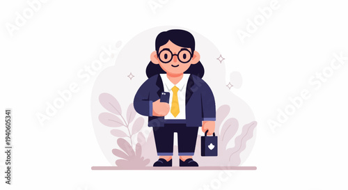 Stylized depiction of a confident professional woman in a suit holding a phone and briefcase