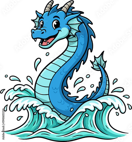 Cute Cartoon Sea Dragon Emerging from Ocean Waves with Happy Smile