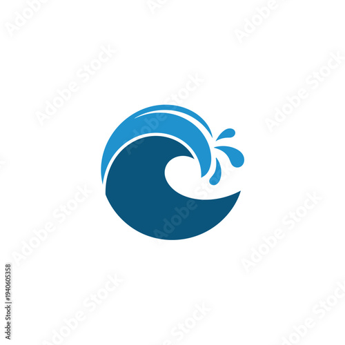 Blue ocean wave icon with water splash graphic symbol