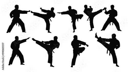A group of people performing various martial arts kicks and punches