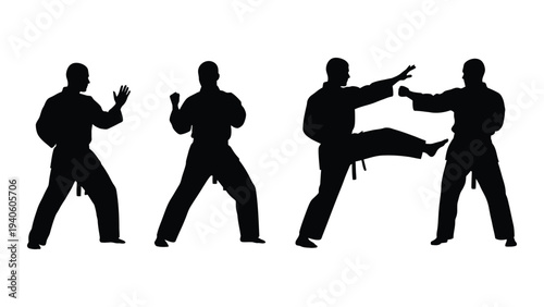 Four silhouettes of people practicing karate