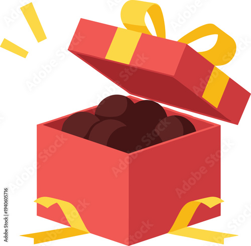 Open gift box with ribbon and chocolates surprise present illustration isolated on white background for celebration, holiday, birthday, and festive design