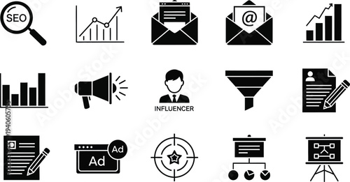 Collection of business and marketing related icons in black and white