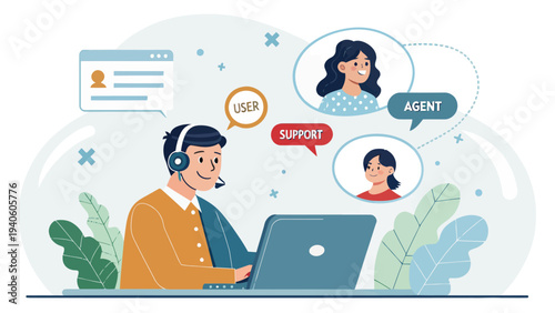 Customer support agent working with headset and laptop providing help