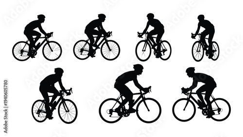 A group of cyclists riding bicycles in different positions