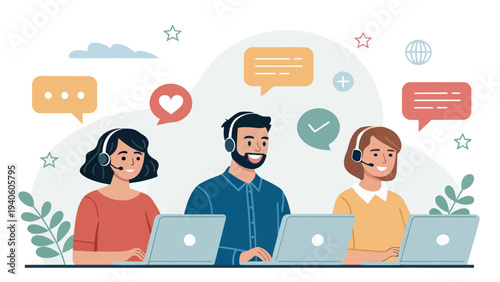 Friendly customer support team working with headsets and laptops