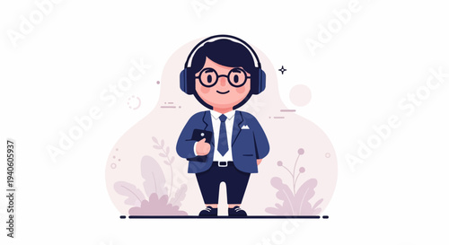 Animated character in business attire, wearing headphones and holding a device