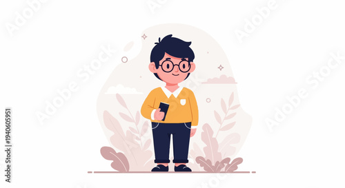 A stylized illustration of a smiling young boy wearing glasses and holding a book