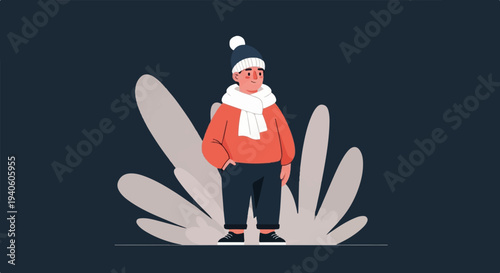 Stylized illustration of a person in winter attire standing amidst abstract flora