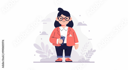 A stylized woman with glasses and a coral jacket holds a phone