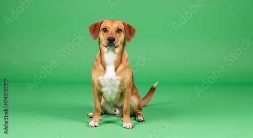 Adorable brown dog sitting on a green background.