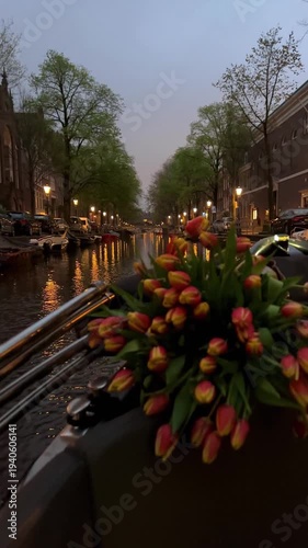 Point of view from a boat cruising along a historic canal with fresh colorful tulips in the foreground and illuminated architecture at night, Amsterdam, Netherlands.