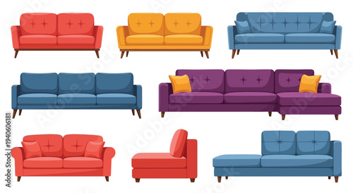 Colorful modern sofas in various styles and configurations for home decor