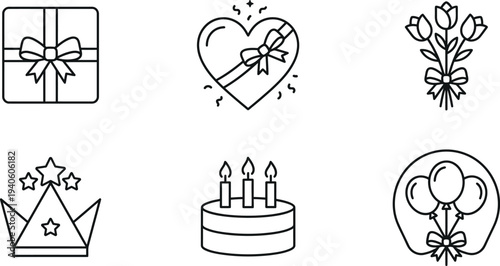 Birthday icons with gifts and decorations